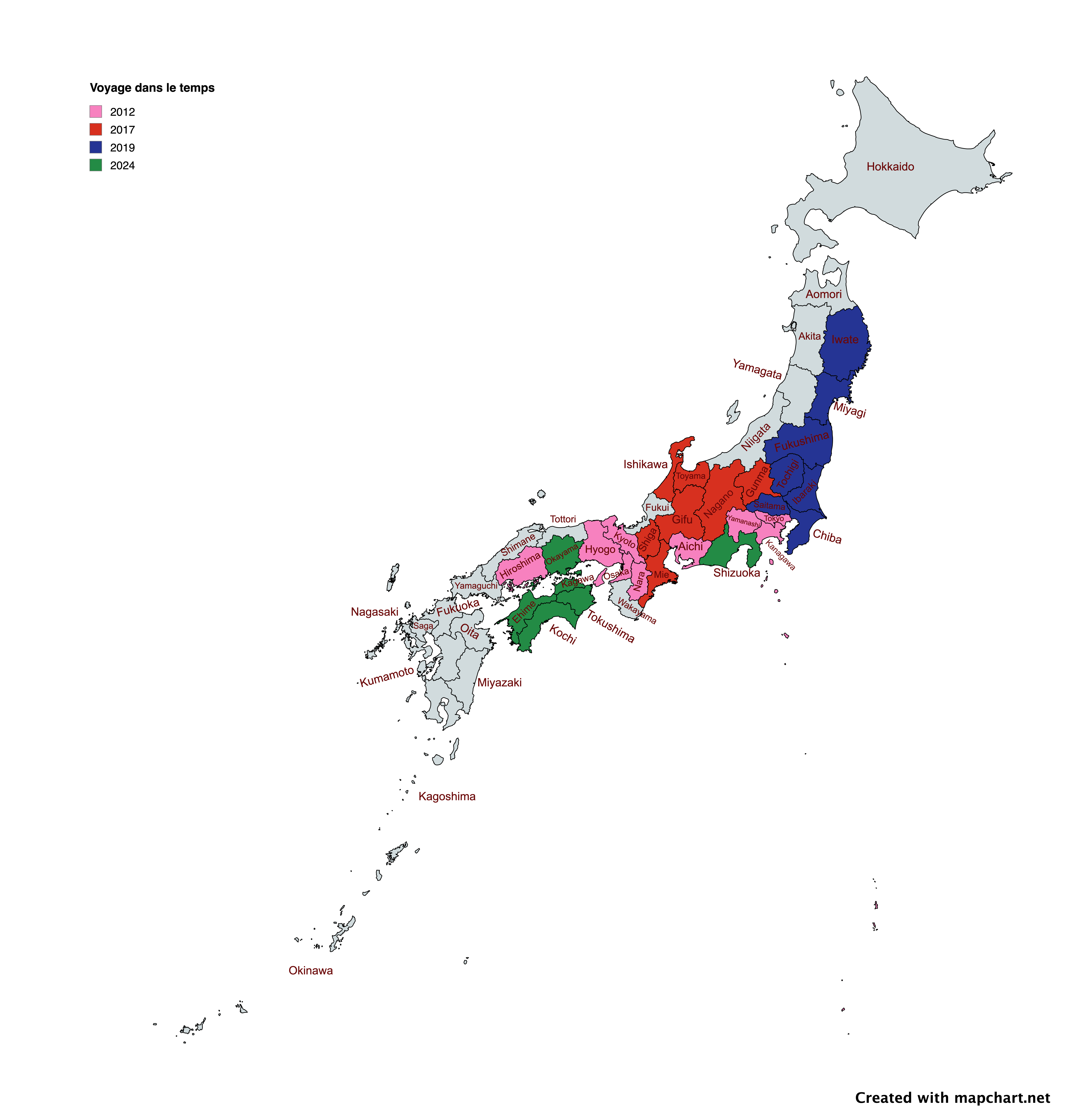 Carte des préfectures japonaises tamponnées - Voyage dans le temps